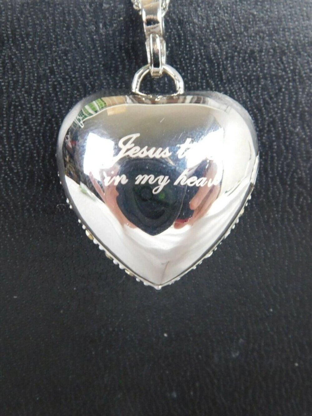 Rhinestone Heart Locket Necklace Earring Set Silver Tone Jesus Lives in My Heart - Picture 6 of 9